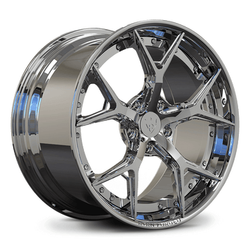 Custom forged chrome wheel design for C6 Corvette, showcasing intricate spokes and polished finish.